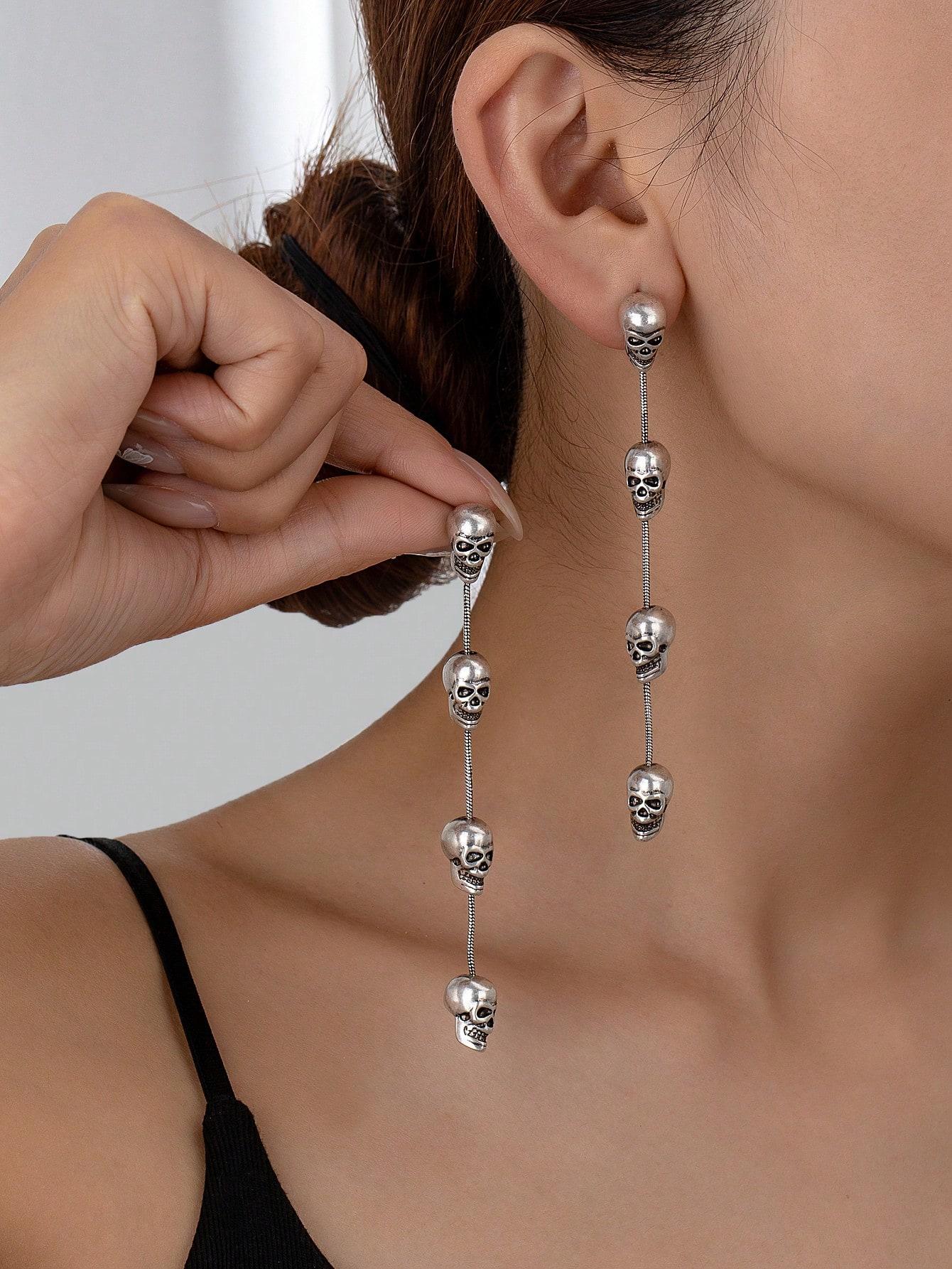 

1pair Exaggerated European&American Style Long Tassel Skull Dangle Earrings For Women, Halloween one-size античний срібного кольору