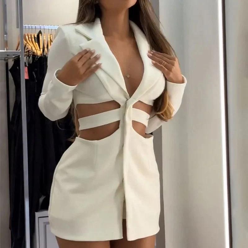 Women's Turn Down Collar Long Sleeve Blazer Dress Slim Fit Mid Waist Sexy Cutout Solid Mini Dress