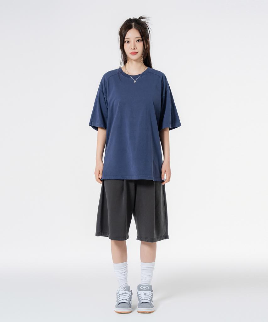 MOZMOZ Shoulder Cutout Plain Oversized Pigment Short Sleeve T-Shirt Blue