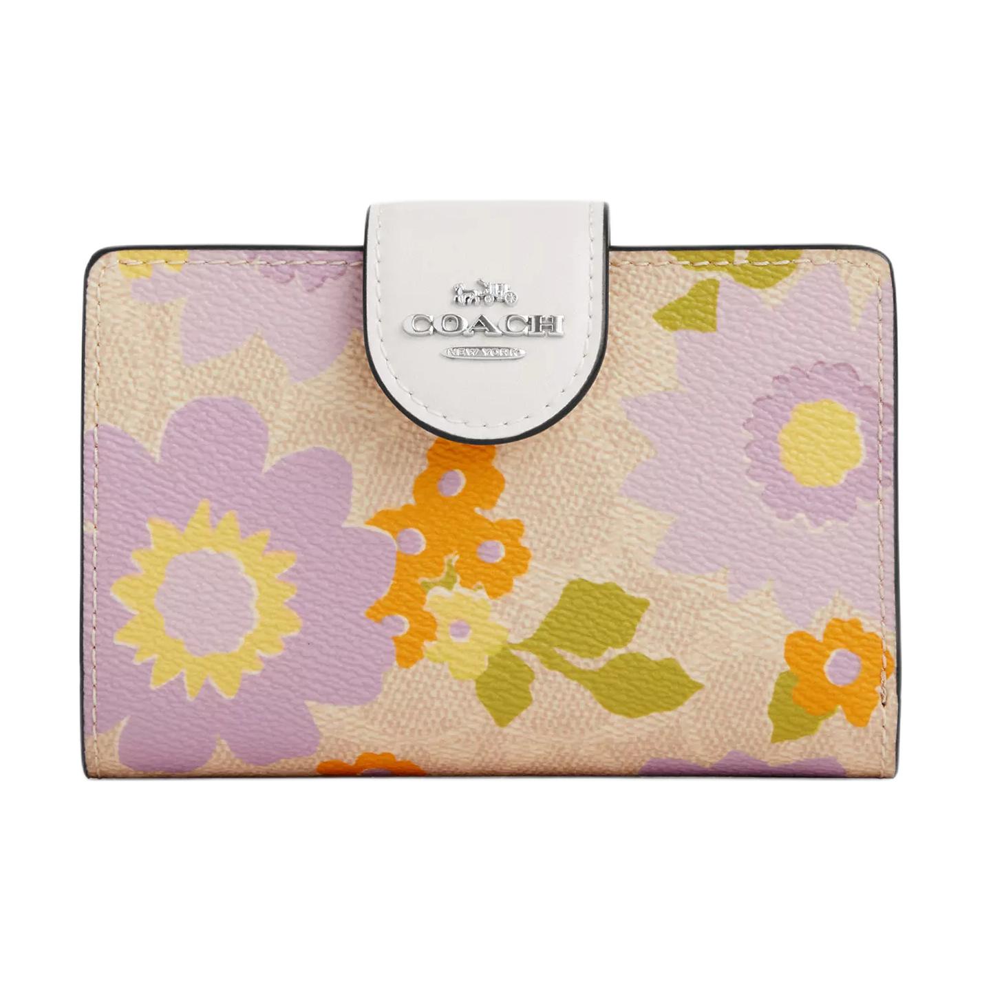 Coach Corner Zip 13 Signature Floral Print Coated Canvas Wallet Women wallet Khaki Purple CBO30-SVSAS Khaki & Purple