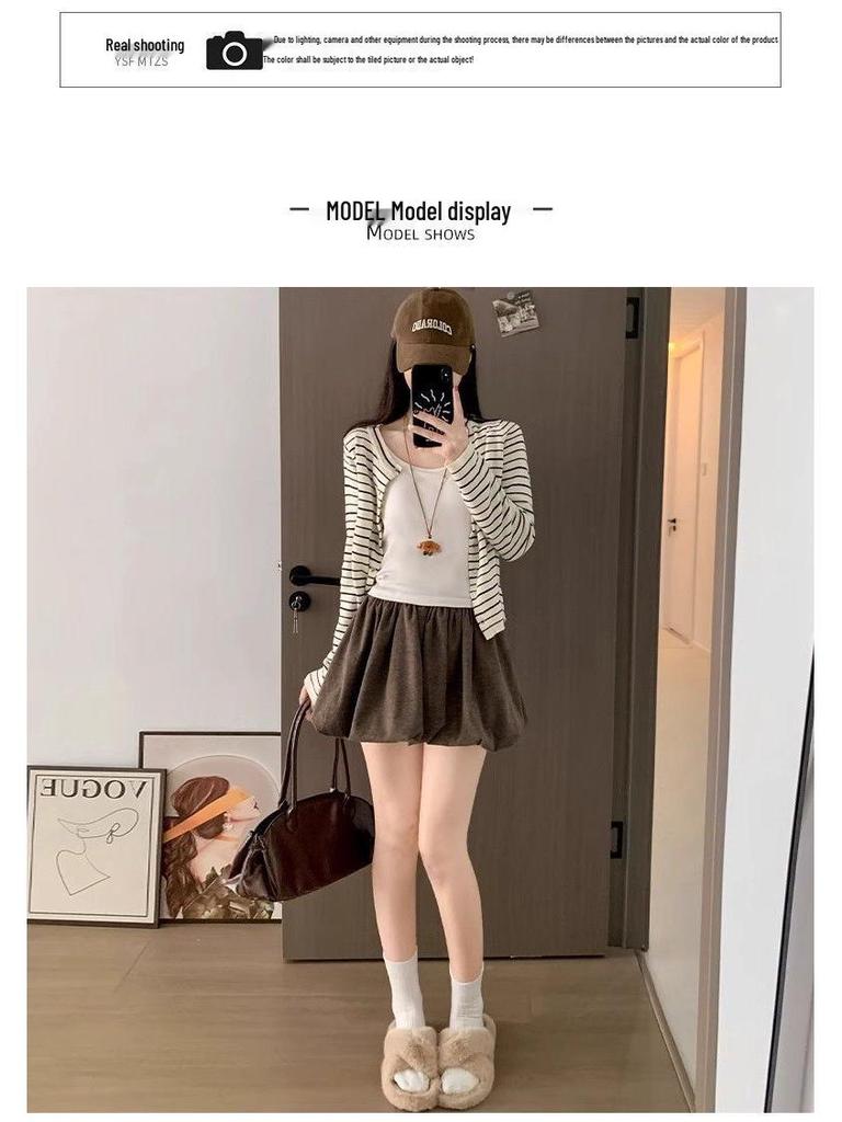 Coffee Glutinous Rice Color Pleated A-Line High-Waist Skirt - Women's Autumn/Winter Anti-Exposure Slimming Skirt.