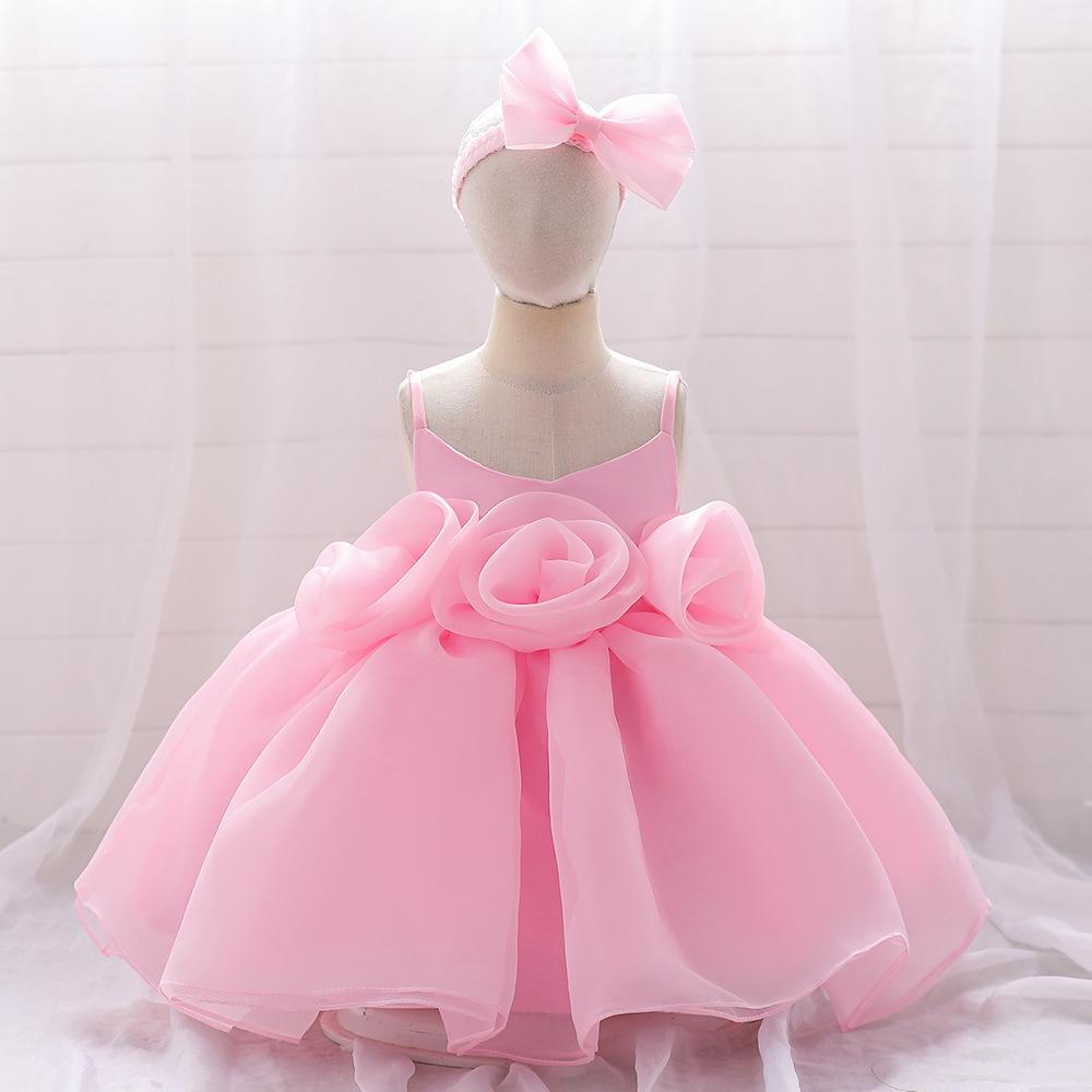 One-Year-Old Baby Princess Dress with 3D Floral Design for Special Events or Piano Performances