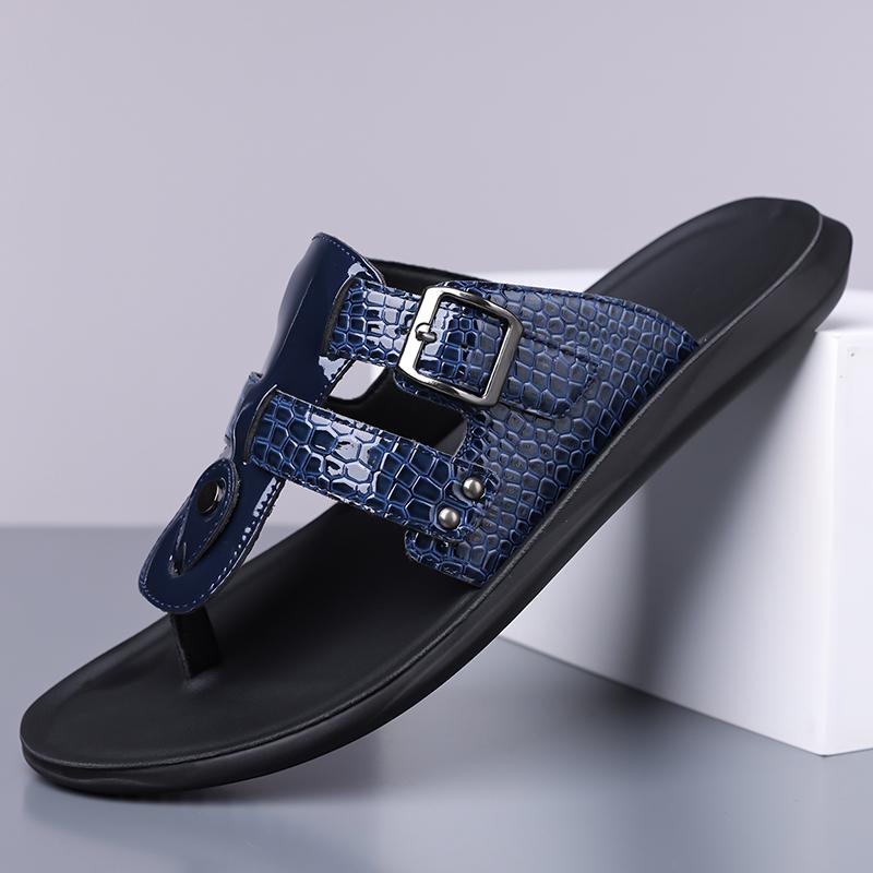 Men Black Leather Slippers Simple Flats Summer White Flip Flops Outdoor Sandals Blue Open Toe Beach Shoes Plus Size