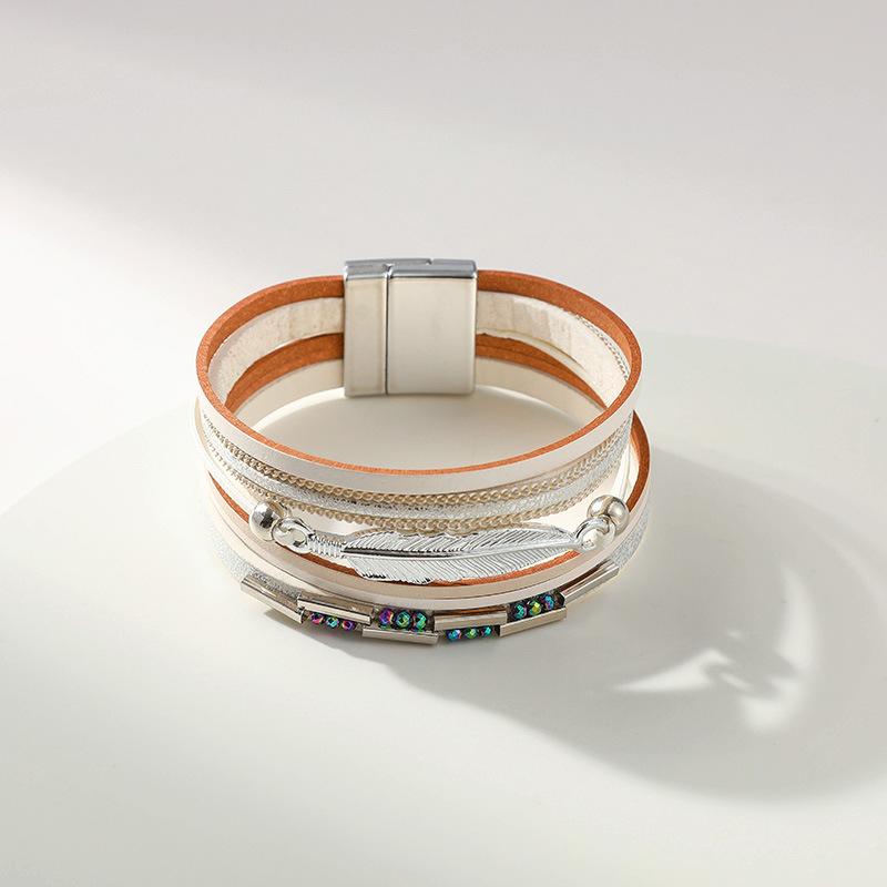 Bohemian Style Multi-layer PU Leather Bracelet Women's Leaf Magnet Buckle Jewelry Accessories