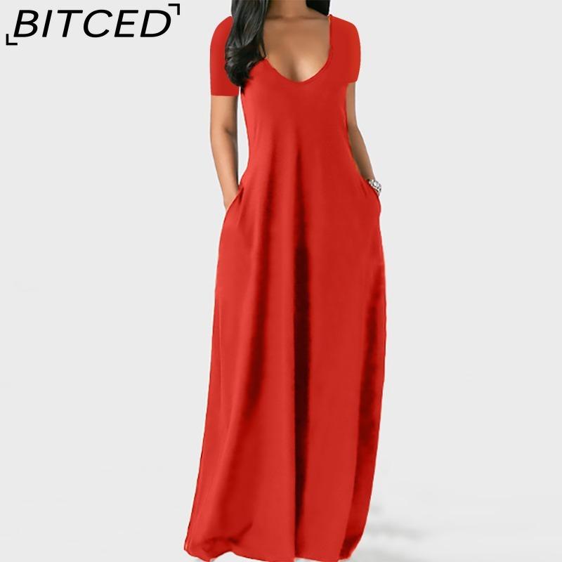 BITCED Summer Plus Size Women's Solid Colour Sensual Deep V-Neck Short-Sleeved Pocketed Maxi Dress