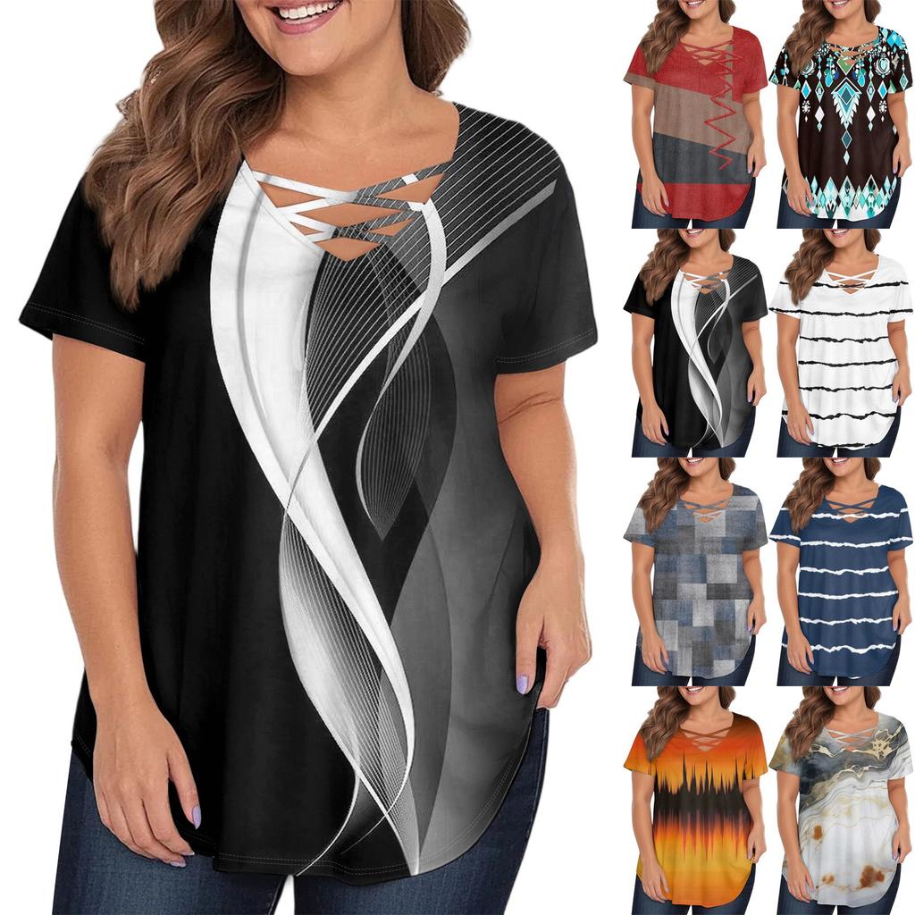 Women's Fashion Casual Printed V-Neck Short Sleeve Large Size T-Shirt Top