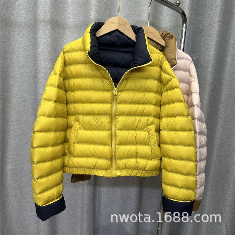 White duck down new down jacket women's short contrasting color stand-up collar ribs double-sided color matching warm jacket
