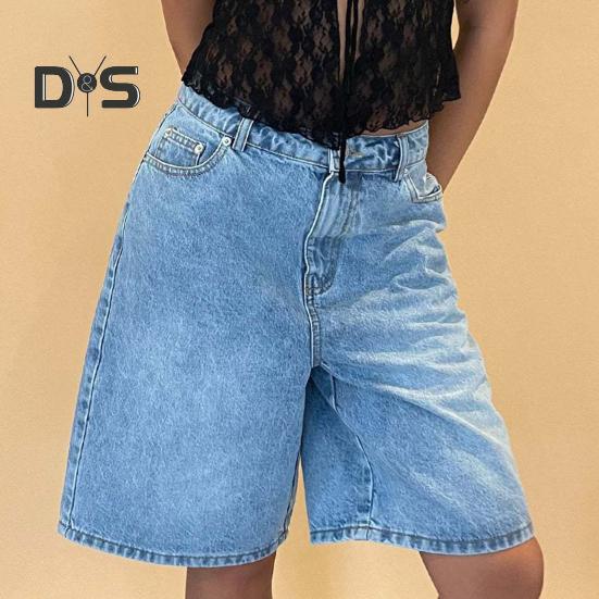 Dámské džínové šortky ke kolenům s kapsami Střední pas Volné džínové bermudy Rovná nohavice Džínové krátké kalhoty