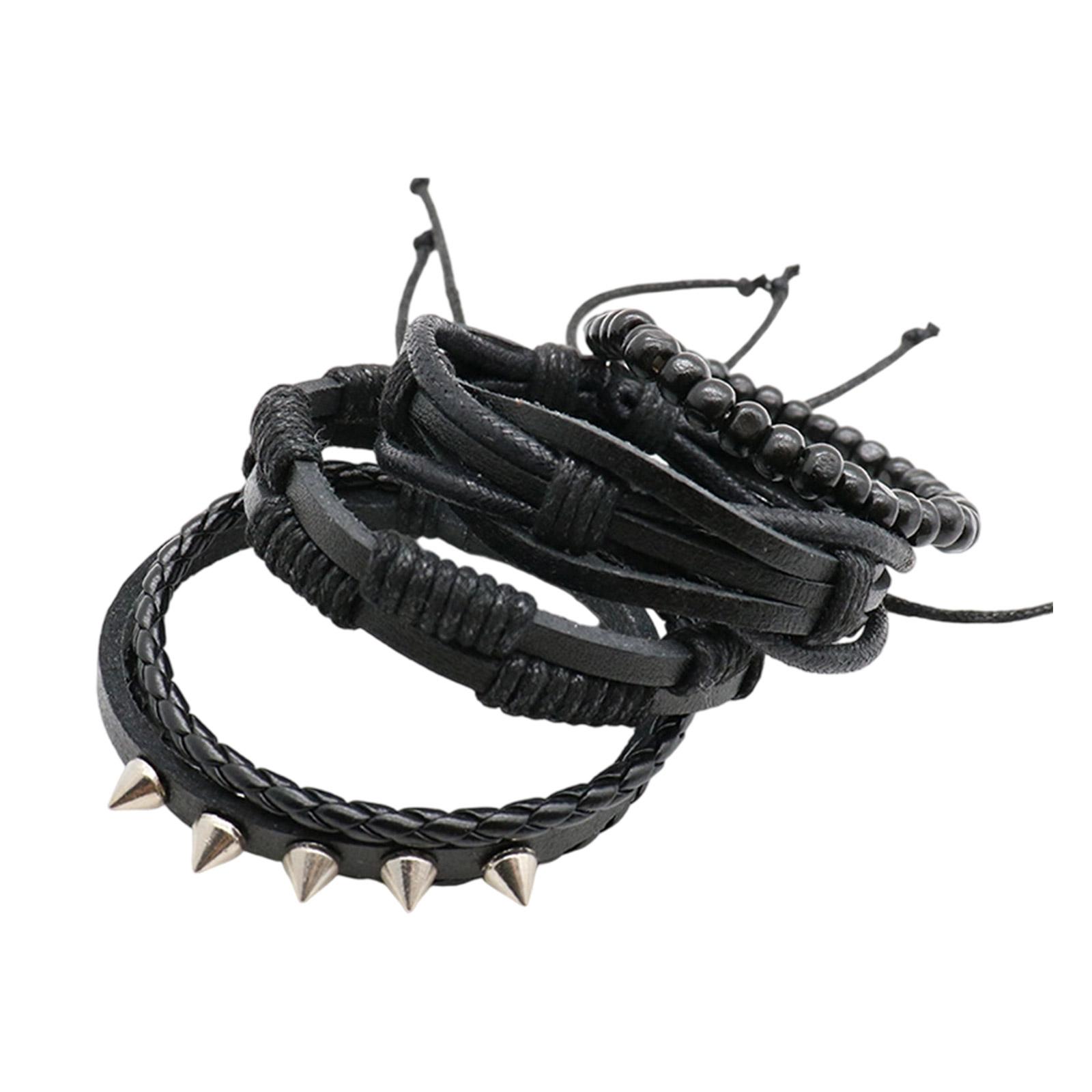 

4 шт. Винтажные панк-браслеты ручной работы плетеные кожаные манжеты с деревянными бусинами и заклепками из цинкового сплава