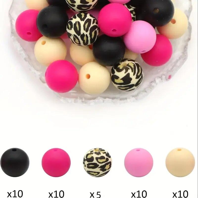45 Stück 15mm Leopardenmuster Silikonperlen Runde Lose Perlen Für Schmuckherstellung DIY Anti-Drop Schlüsselanhänger Kette Armband Handgemacht