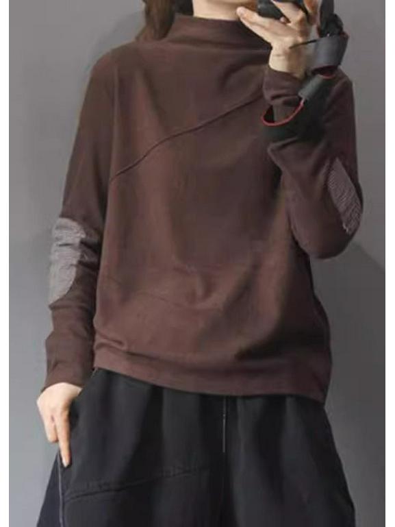 Women's Ethnic Patchwork Thermal Fleece Pullover - Mock Neck, Autumn/Winter, Loose Fit