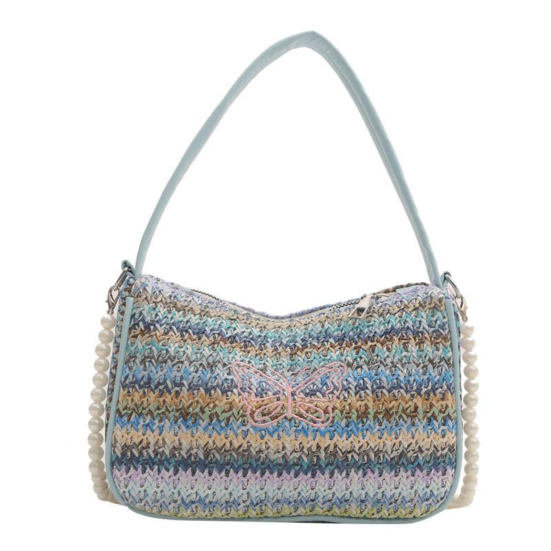 Stylish National Style Woven Bag With Pearl Chain Strap Small Shoulder Bag For Casual Outfits