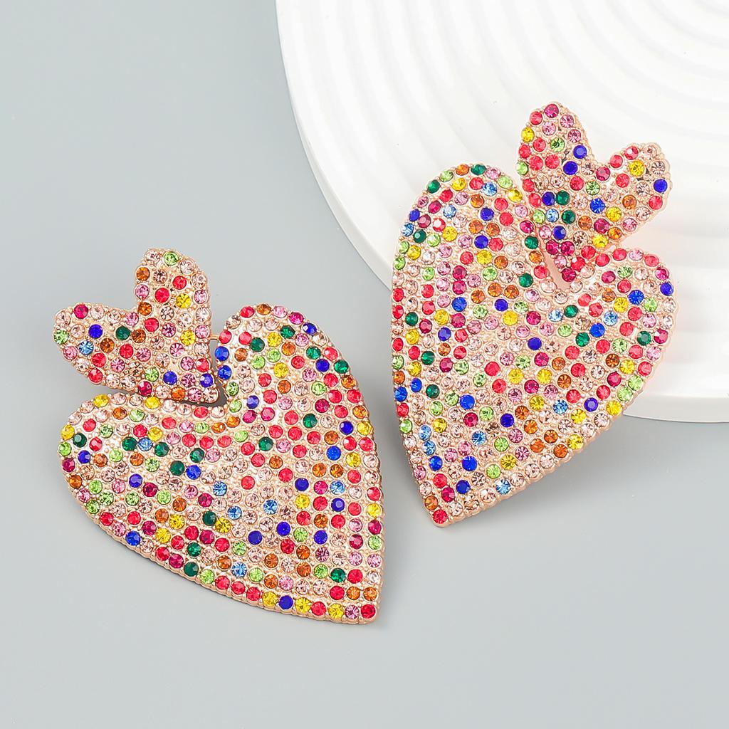 Digadagu Metallic Colorful Rhinestone Heart Earrings Women's Pop Exaggerated Dangle Earrings Party Jewelry Accessories