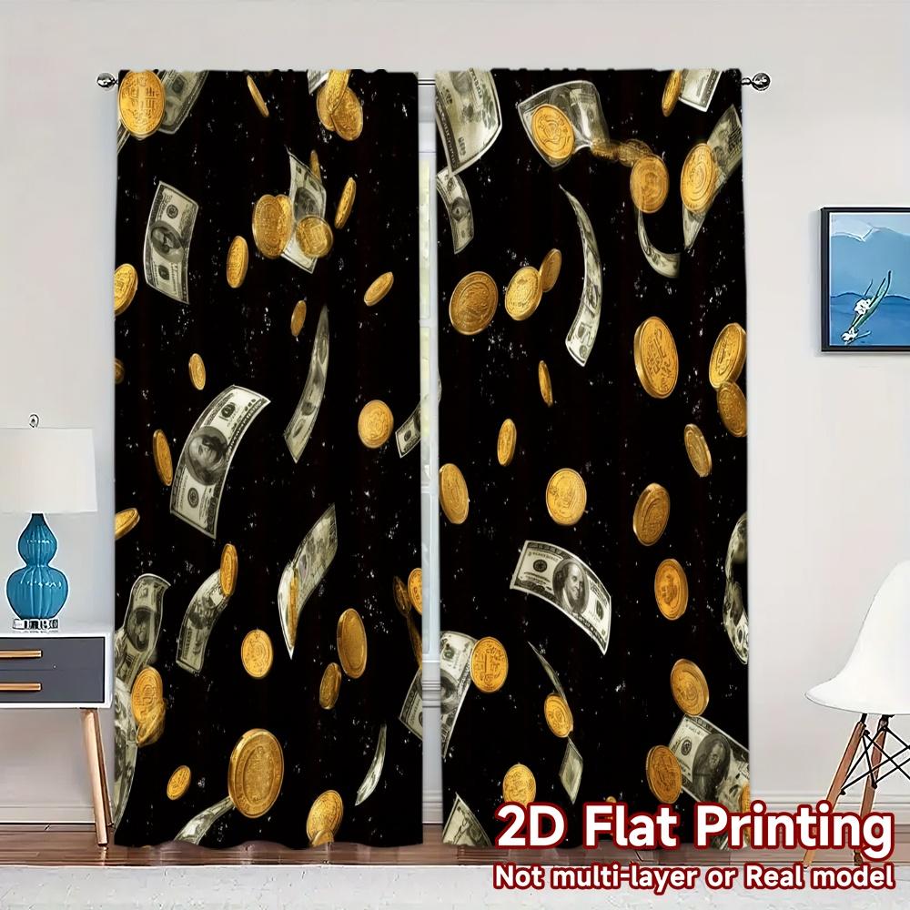 

Set Of 2 Flat Printing Curtains Without Rod Moneyrain Chic Pattern Fabric Holiday Decorative Living Curtain Polyester W100*H70(CM)-Hooks&2PCS