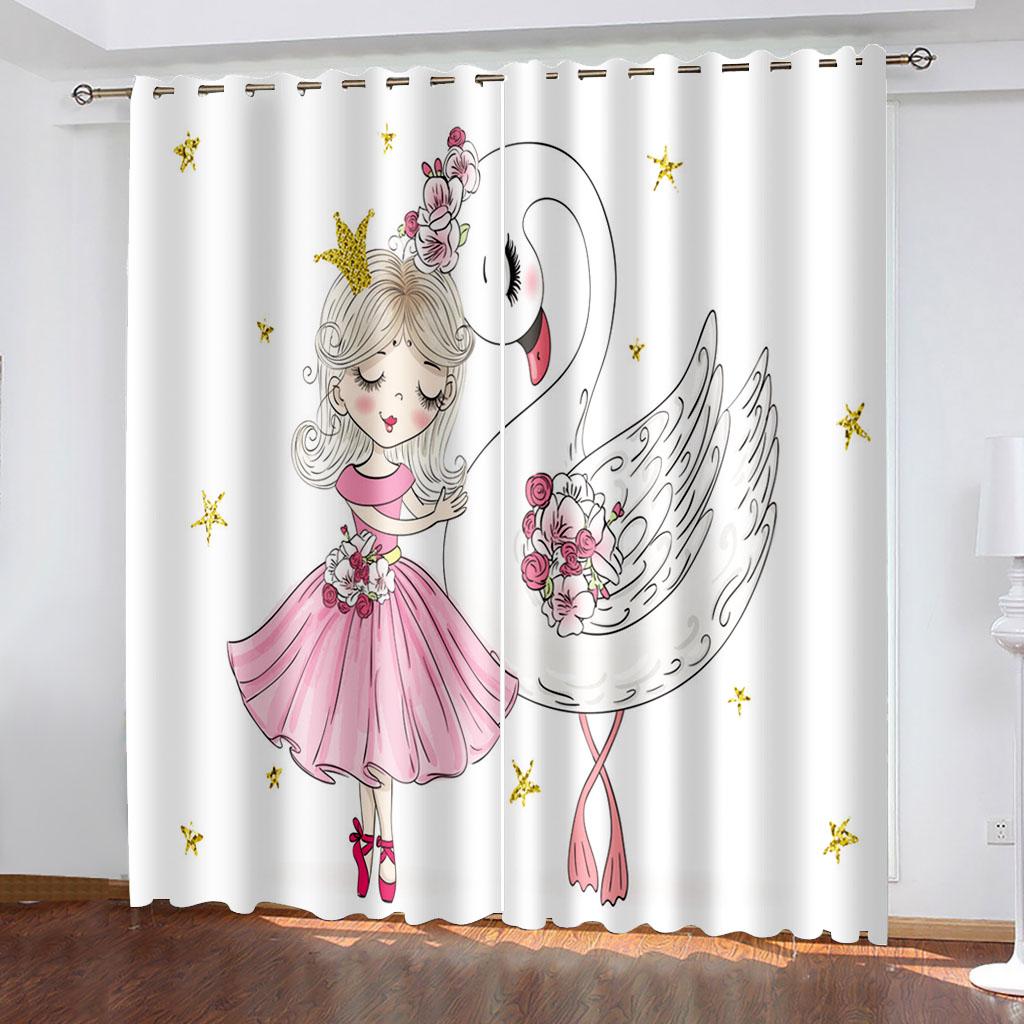 Pink Castle Cute Cartoon Girl Princess Swan Dance Shoes Semi Blackout KidsWindow Curtains for Living Room Bedroom Home Decor