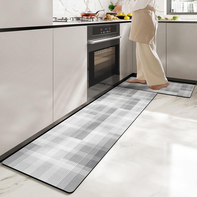 1pcs Waterproof Kitchen Carpet for Floor Oilproof PVC Plaid Kitchen Rug Anti Slip PU Leather Floor Mat Doormat Long Tapete Gray
