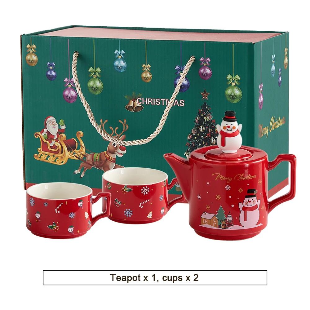 Red Ceramics Teaware Sets Santa Claus Snowman Elk Teapot Teacup Christmas Coffee Cup Saucers Stackable Xmas New Year Gifts
