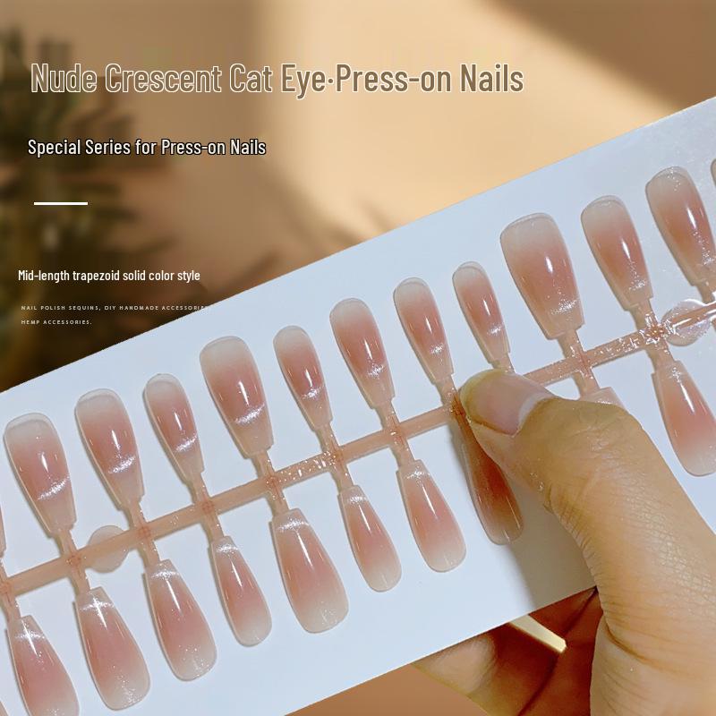 2024 French Nude Cat Eye Medium T-Style Wearable Nail Tips - 30 Pre-Made Pieces