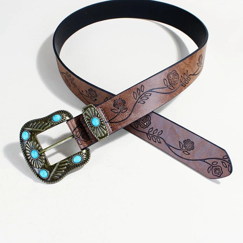 Ladies Wear The Classic Western Belt Embossed Pu Leather Bohemian Style Oval Turquoise Buckle Waist Band