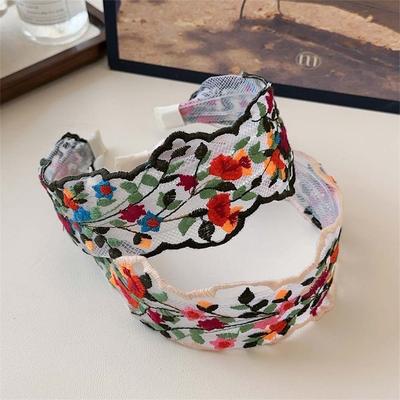 Vintage Floral Embroidered Headband, Lace-Trimmed Wide Hair Band For Women