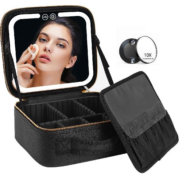 Travel Makeup Bag with LED Lighted Make up Case with Mirror 3 Color Setting Cosmetic Makeup Box Organizer Vanity Case for Women Beauty Tools