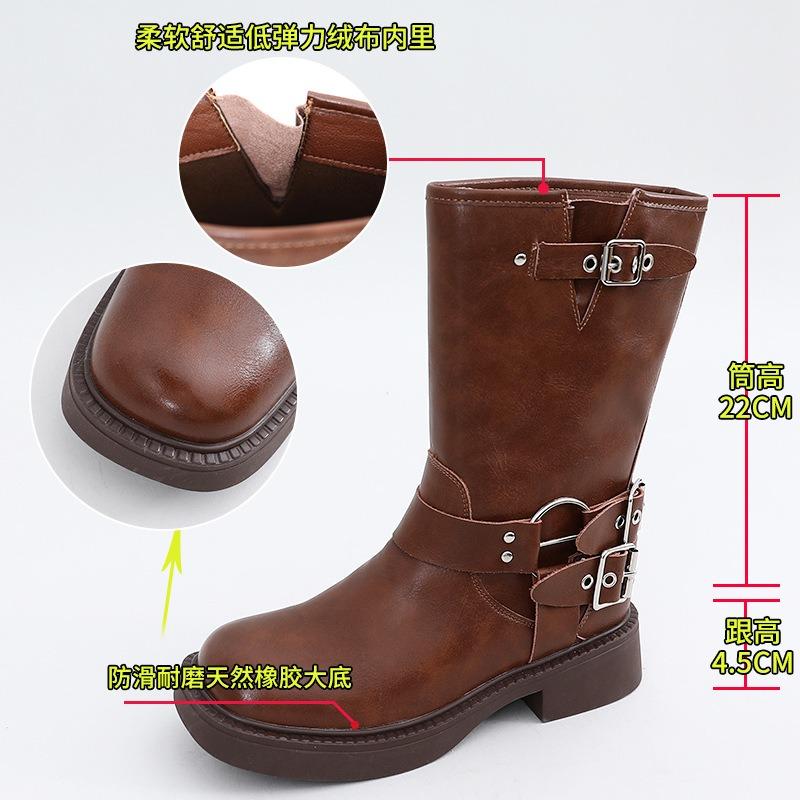 New cowboy boots women's autumn and winter mid-tube Martin boots women's square head thick heel boots women's casual retro women's boots trend