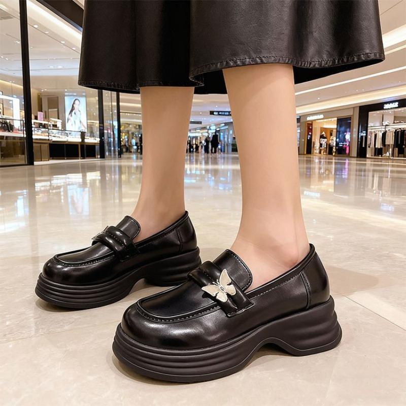

New Women s Leather Shoes, Thick-soled Loafers, Chunky Heels, Mid-heel Single Shoes 35 чёрный
