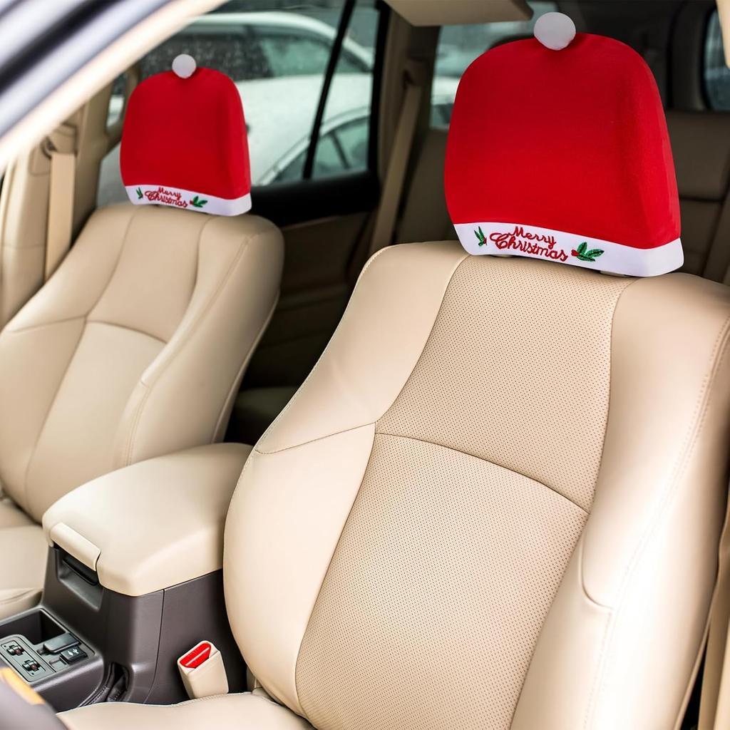 5Pcs Christmas Car Decoration Comfort Santa Hat Car Seat Headrest Covers, Interior Xmas Car Accessories Fits Most Vehicle For Christmas New Year