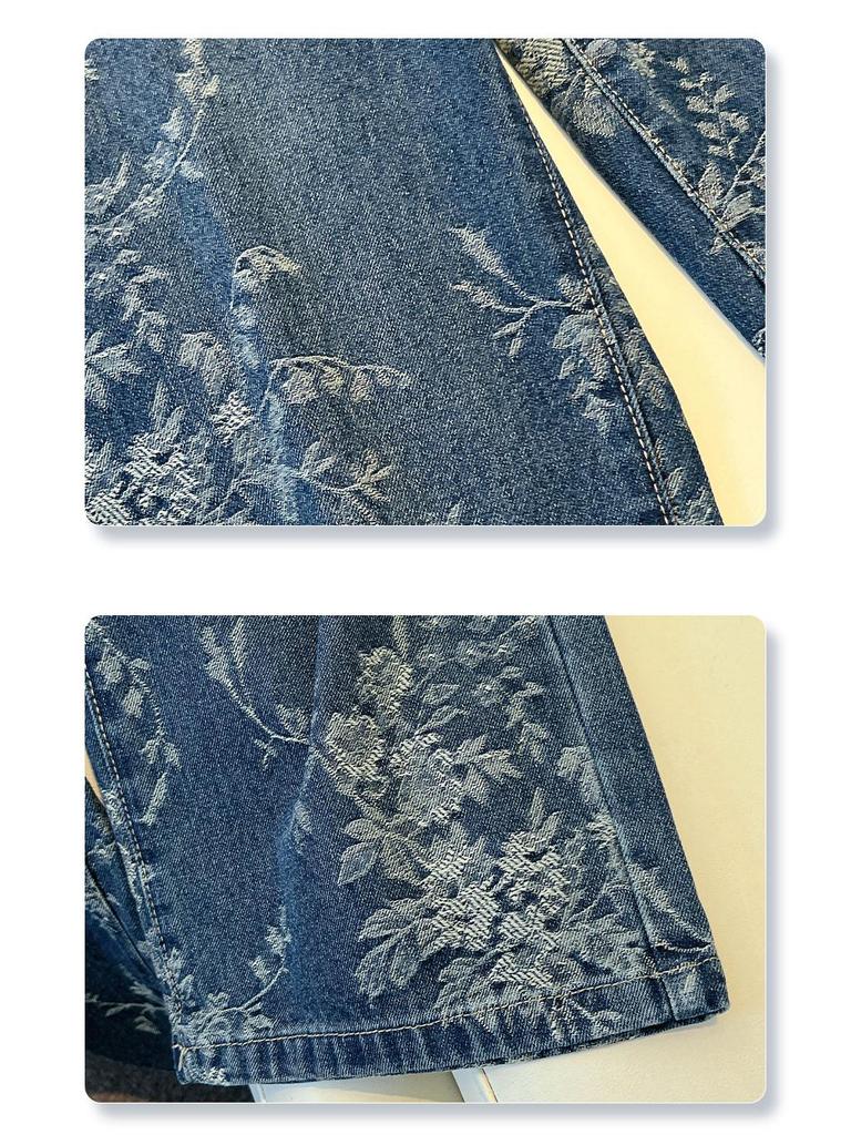 Women's High Waist Retro Blue Jacquard Straight Leg Jeans - 2025 Autumn Collection