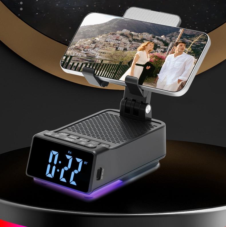Alarm Clock Bluetooth Speaker Tablet Mobile Phone Stand Rotation Lifted Folding Portable Charging Bank LED Colorful Lights U Disk Player