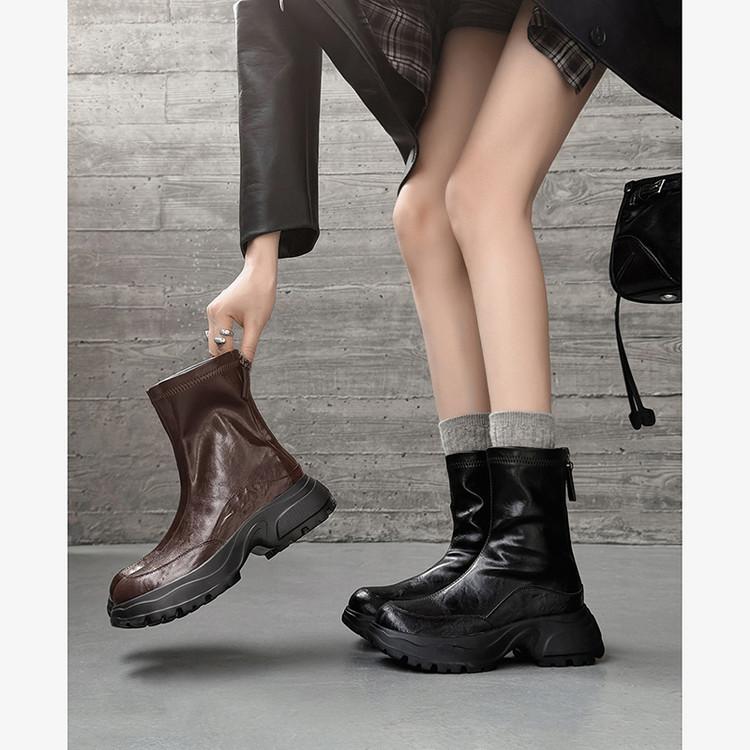 5Cm Fashion Round Head Thick Heel Waterproof Table Short Boots Women's Versatile Solid Color Casual Style Sheepskin Rear Zipper Thin Boots