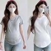 Maternity V-Neck Short Sleeve Pleated T-Shirt - Loose Fit, Belly-Covering, Solid Color, Summer Style