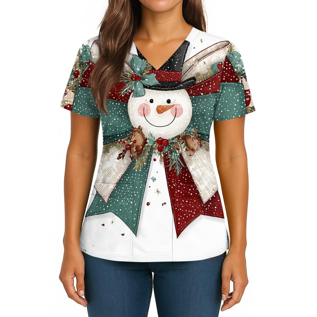 Women's Christmas Print V-Neck Double Pocket Short Sleeves Hem Slit  Uniform And Caregiver Top