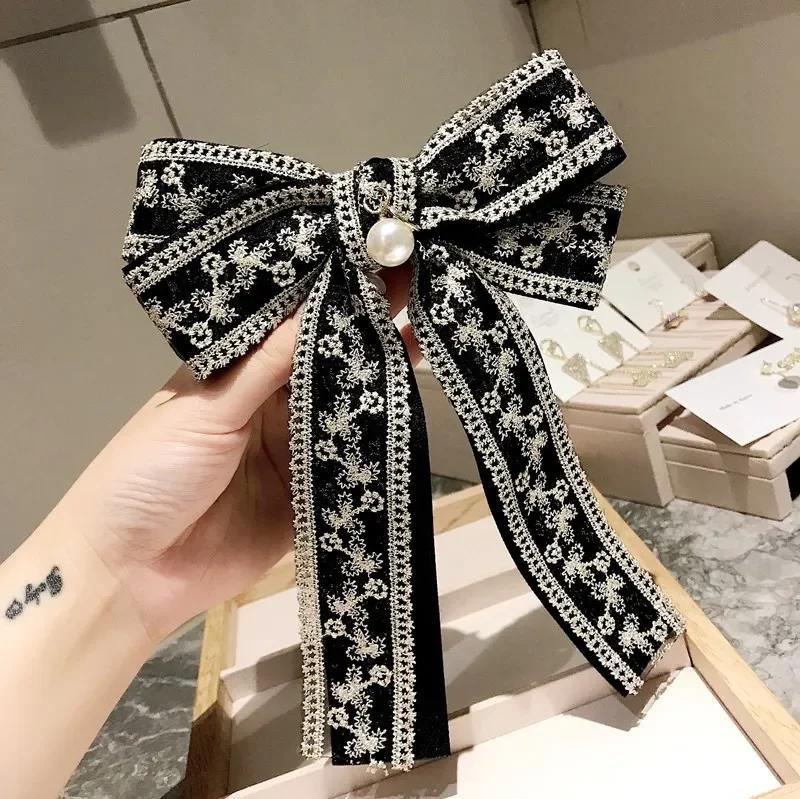 New Vintage Fabric Big Bow Brooch Lace Embroidery Bowkont Necktie Shirt Collar Fashion Jewelry Gifts for Women Accessories