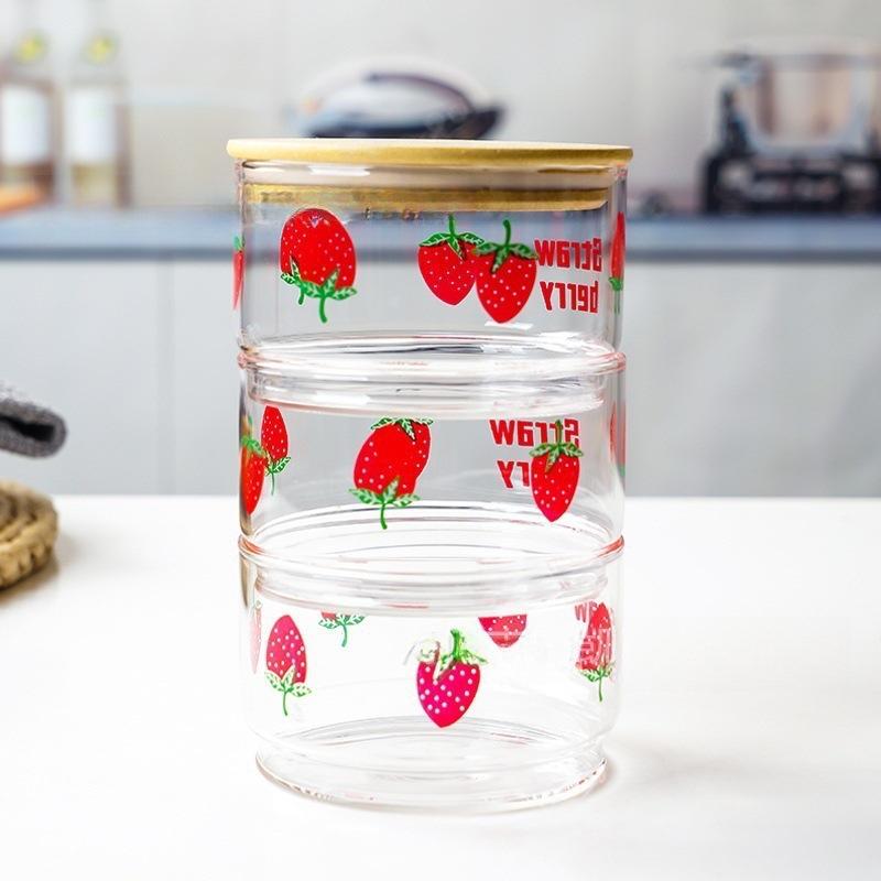 Korean Strawberry Glass Bowl with Bamboo Lid Cute Cherry Snack Box Fruit Capacity Fresh Box Jars with Lid for Kitchen StorageJar