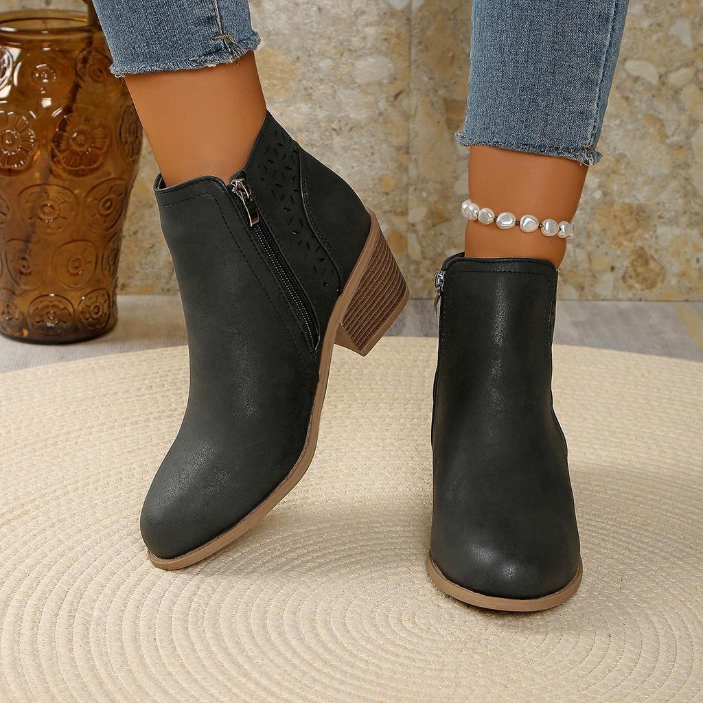 Stivaletti da Caviglia da Donna Vintage Slip-On con Tacco Basso Largo a Blocco, Punta Mandorla Punta Tonda, Stivali Invernali con Tomaia e Fodera in PVC, Beige/Marrone Caramello/ Blu/Scuro