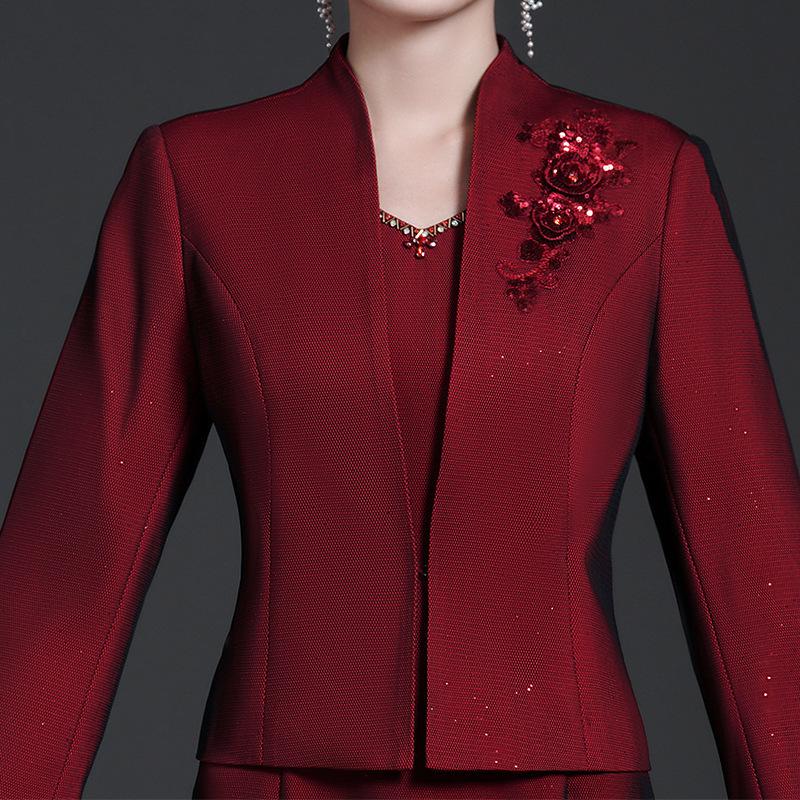 2025 Autumn Elegant Wine Red Plus Size Two-Piece Set: Long Sleeve Jacket & Mother's Wear