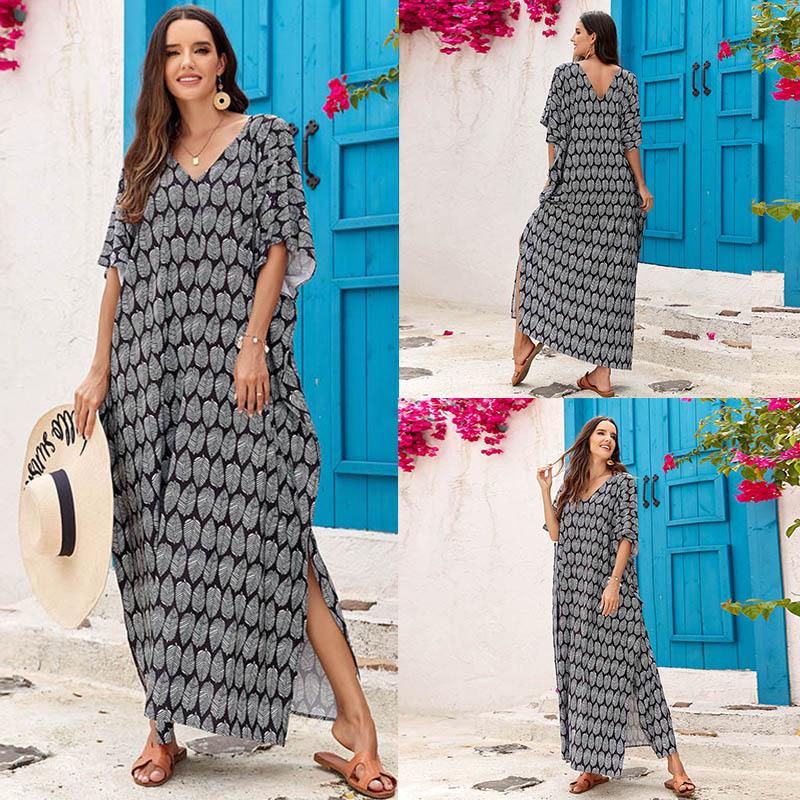 Bedruckter V-Ausschnitt Strandüberwurf: Europäischer & Amerikanischer Stil Lockerer Bademantel für Strandurlaube