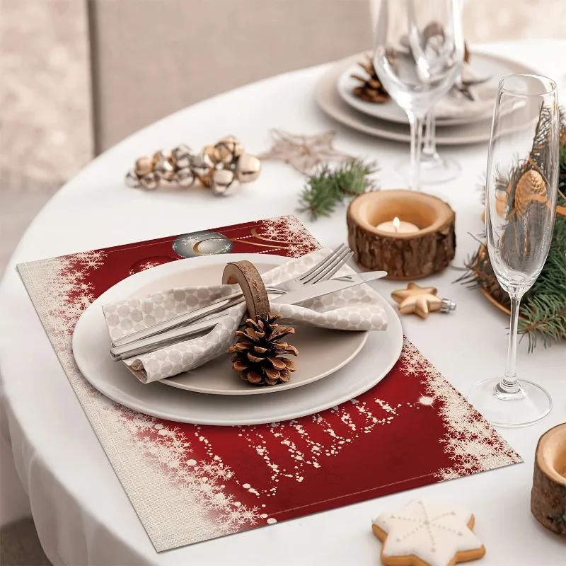 1PC Christmas Linen Meal Mat Themed Table Pad with Snowflake Pattern Insulation Mats Kitchen Decoration Festive Atmosphere