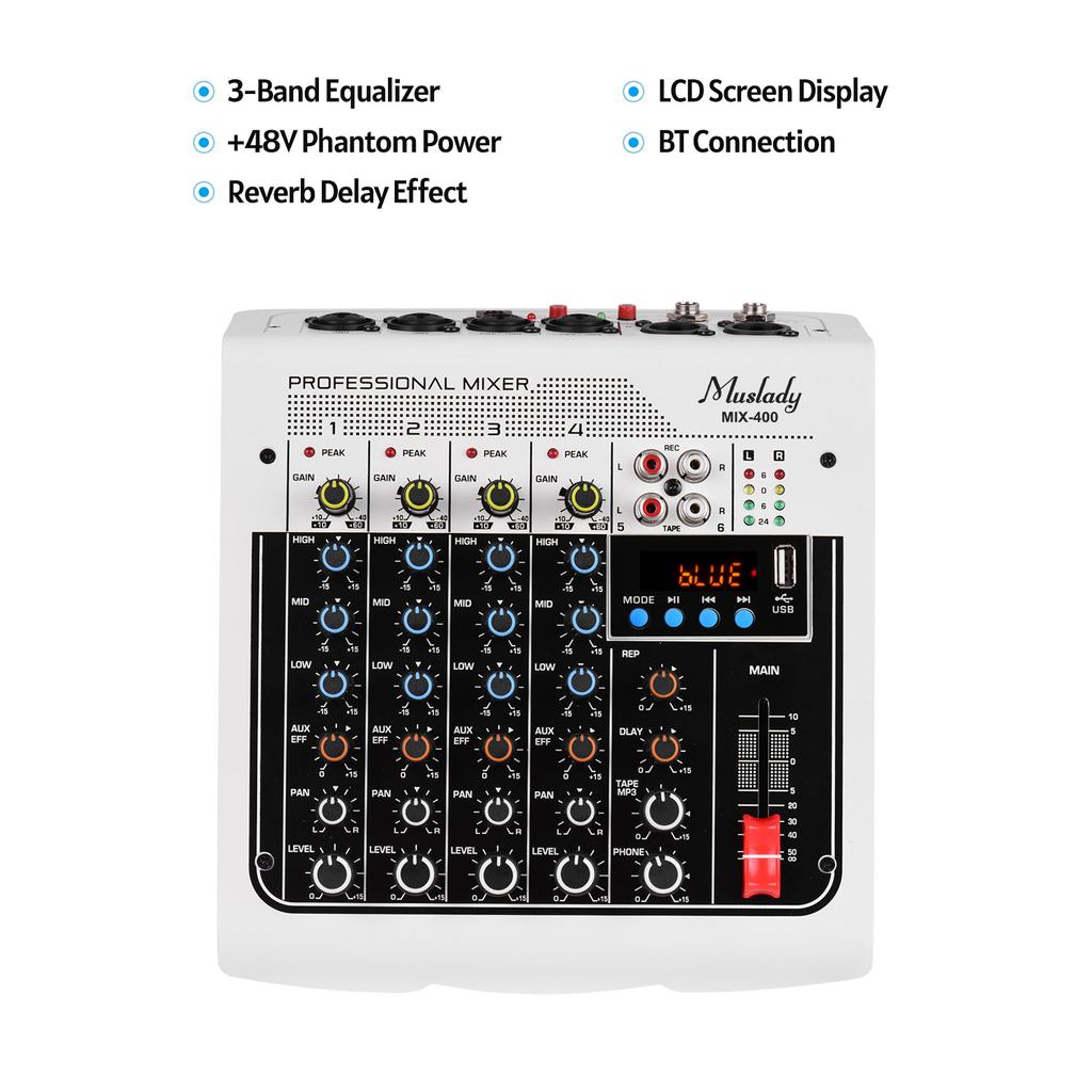 Muslady MIX-400 Professional 6-Channel Audio Mixer Mixing Console 3-Band EQ with Reverb Delay