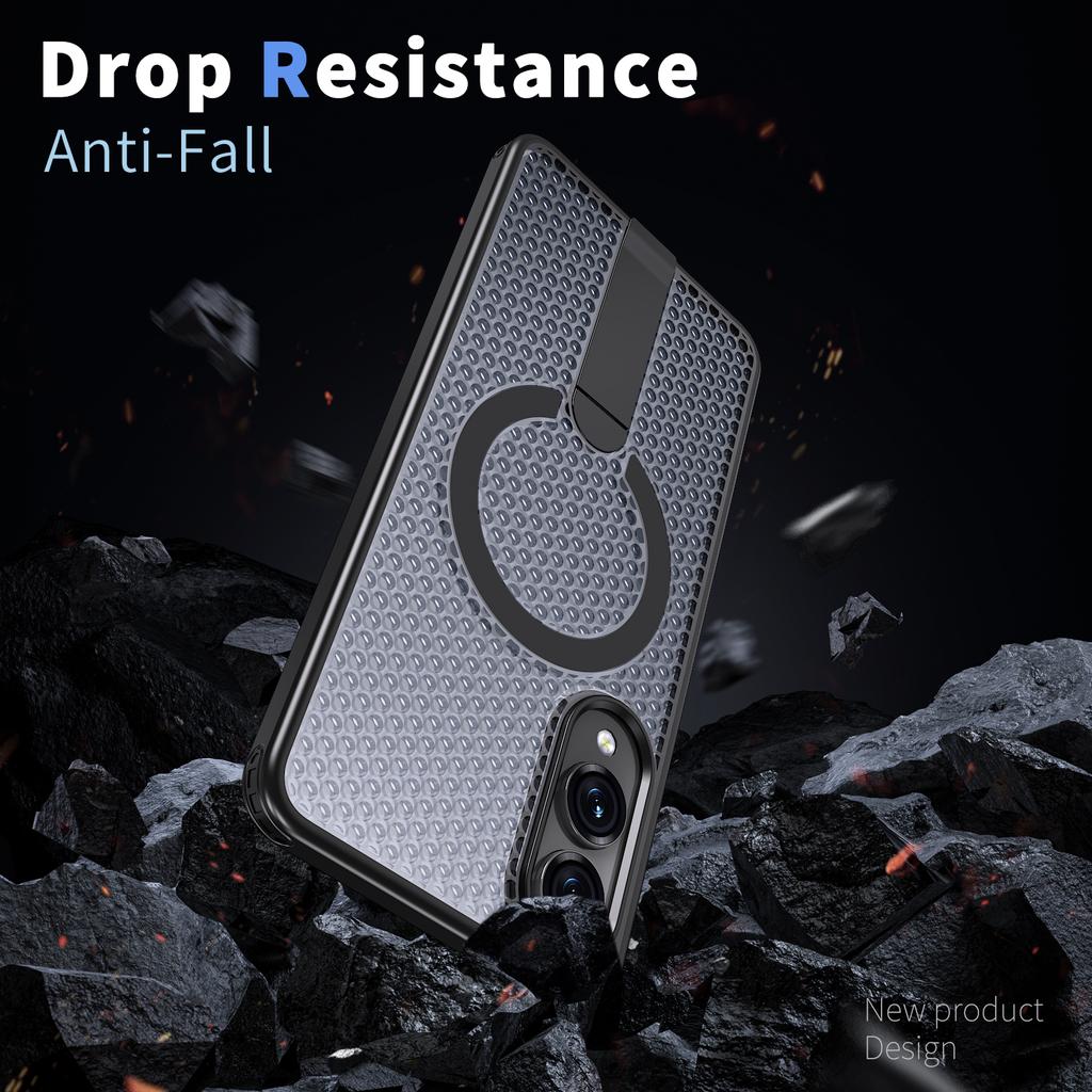 For Samsung Galaxy S25 Edge Magnetic Case Kickstand Grid Texture TPU PC Phone Back Cover