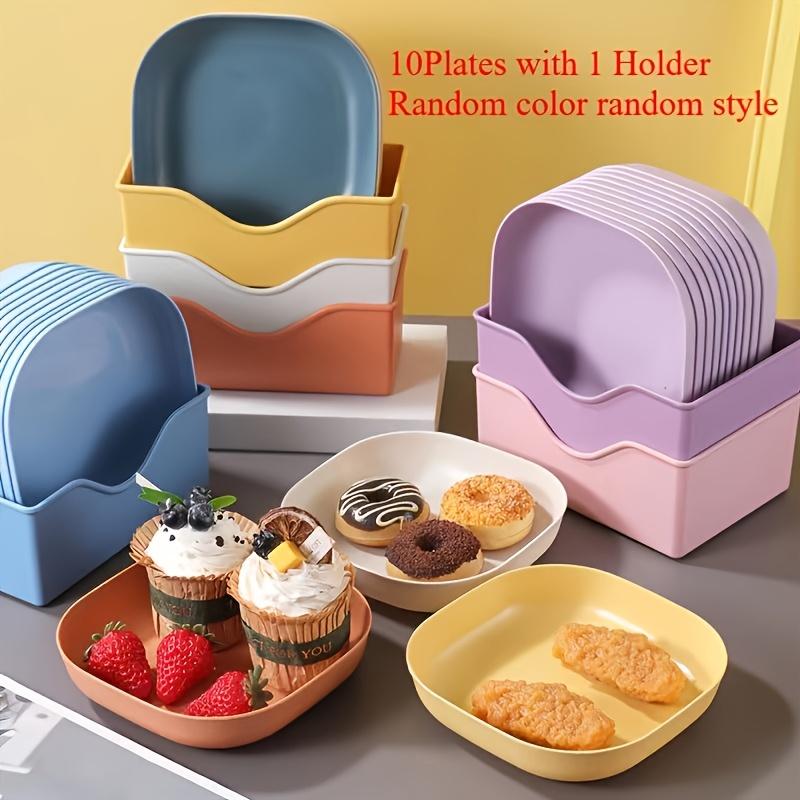 10pcs Square Plates, Portable Food Plate Set, Durable Plastic, for Outdoor, Snack and Breakfast Snack tray with base storage box