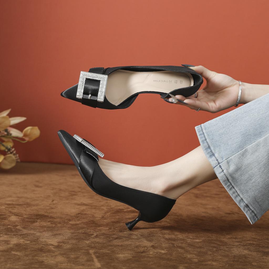 2025 New Single Shoes Women's High-end Sense Pointed Middle Heel Rhinestone Square Buckle Purple Side Empty Za High Heels Spring and Summer Stiletto