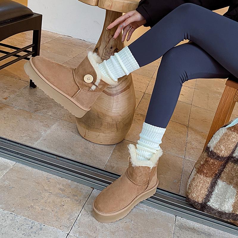 Spot~ Sheepskin and fur integrated thick-soled snow boots, genuine leather and real hair 2025 new basic button warm boots