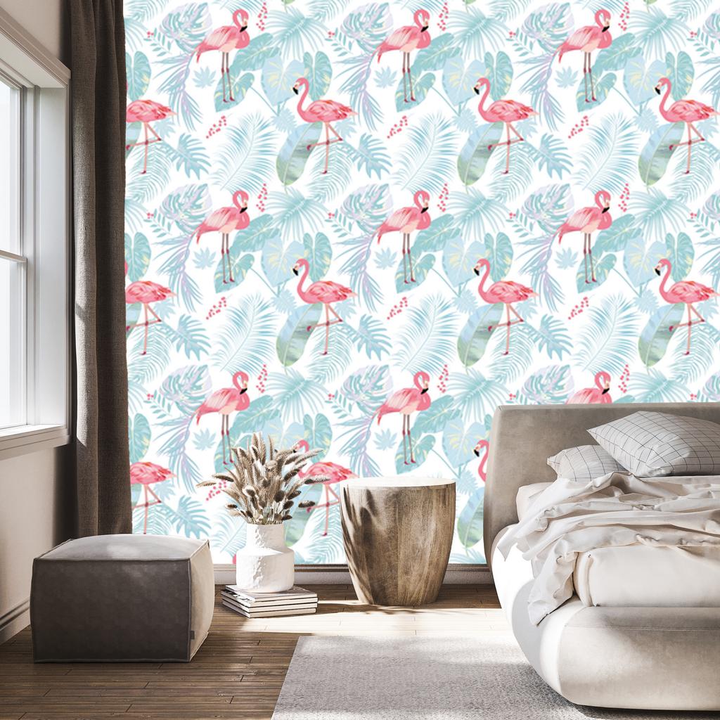 Flamingos and exotic leaves wallpaper in pastel 50x1000