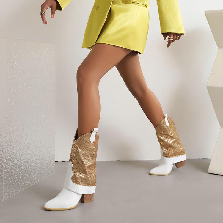 Sequin Cloth Western Boots Women Glitter Silver Gold Chunky High Heels Mid-calf Cowboy Boots Cowgirl Shoes