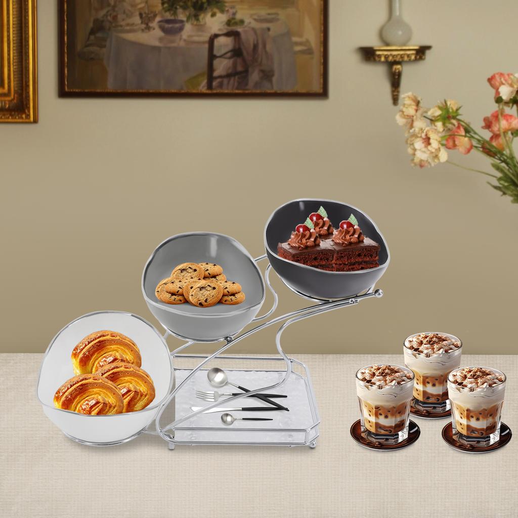 3-Tier Ceramic Fruit Snack Serving Bowl Set, Modern Tiered Fruit Display Stand with Acrylic Base, Iron Frame for Kitchen, Party
