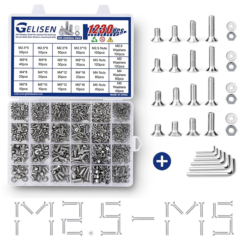 1230Pcs M2 M3 M4 M5 Silver Hex Socket Button Head Screws Nuts Washers Assortment Sets,10.9 Class Alloy Steel Screws Bolts Kit with 4 Allen Wrenches