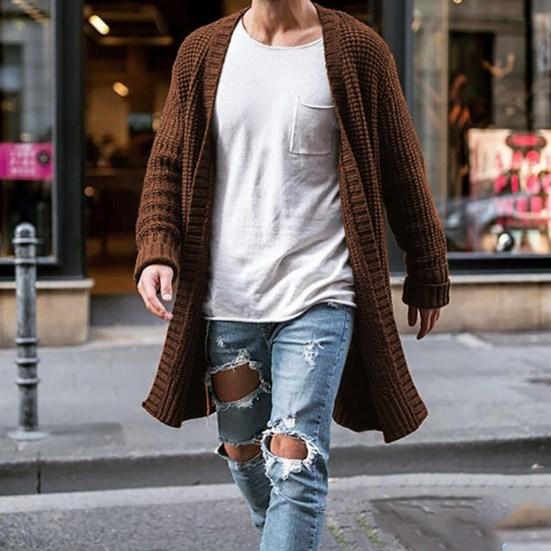 Men Sweater Cardigan Solid Color Long Sleeve Cold Proof Knitwear Autumn Winter Loose Mid Length Sweater Coat Streetwear