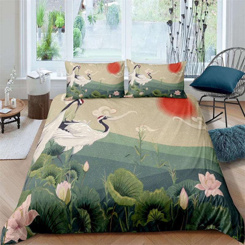 Japanese Crane Duvet Cover King Queen Size Wave Flower Ukiyo-e Style Bedding Set Eastern Culture 2/3pcs Polyester Quilt Cover
